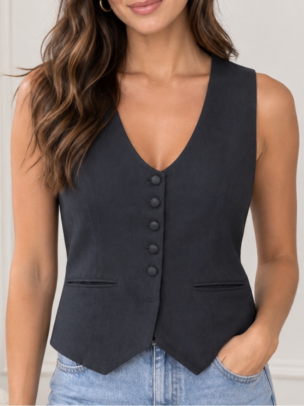 Classic Women's Black Button Vest - New With Tags - Size L